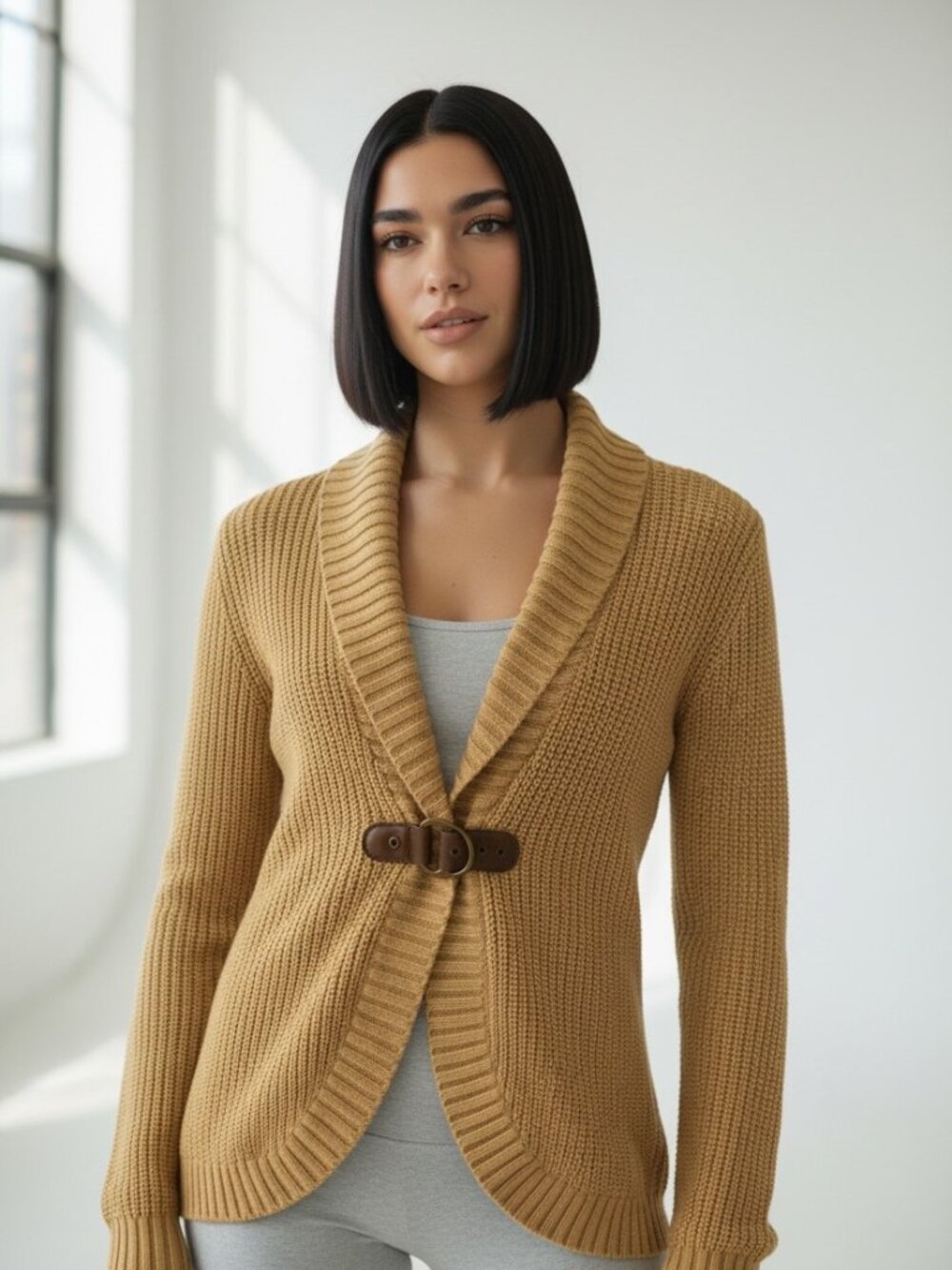 LAUREN RALPH LAUREN Camel Brown Cotton Shawl Collar Buckle Cardigan Sweater M